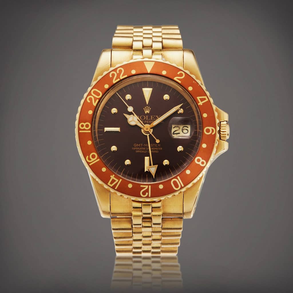 This golden Rolex Reference 1675 GMT-Master was given to Stan Barrett by August Busch, CEO of Anheuser-Busch, the main sponsor of the Budweiser Rocket Car.
