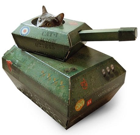 A cat inside a crude military tank looking out the top.