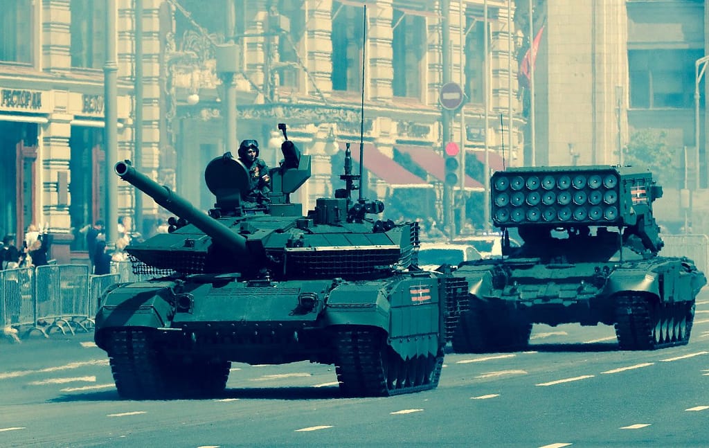 A RUSSIAN GROUND FORCES T-90M AND TOS-1A TRAVEL DOWN TVERSKAYA STREET AFTER A VICTORY DAY MILITARY PARADE MARKING THE 75TH ANNIVERSARY OF THE VICTORY IN WORLD WAR I, JUNE 2020...