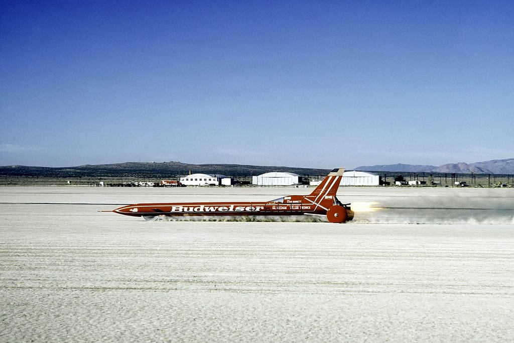 The Budweiser Rocket Car unofficially broke the world land speed record. (Picture courtesy of Department of Defense photo by MSGT Paul J. Harrington)
